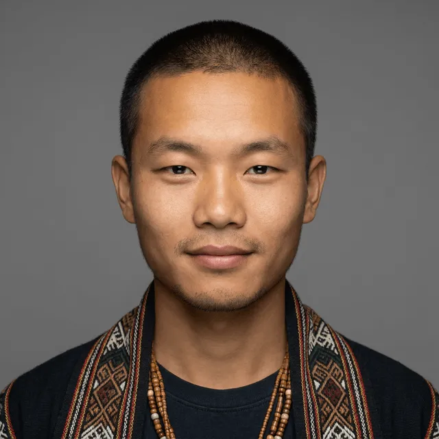 A young adult man with short dark buzzed hair and light stubble, wearing a dark top with a patterned woven scarf and layered wooden bead necklaces, giving a slight smile.