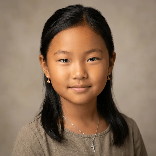 A young girl with long dark hair parted in the middle, wearing gold drop earrings and a silver cross necklace, smiling slightly.