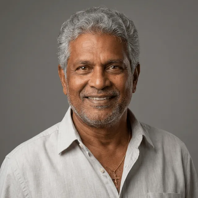 An older man with gray curly hair and a gray beard, wearing a light gray open-collar shirt and a gold necklace with a cross pendant, smiling broadly.
