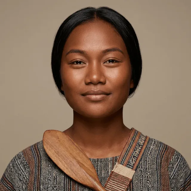 An adult woman with straight dark hair parted in the middle, wearing a woven striped traditional garment with a strap over one shoulder, giving a slight smile.