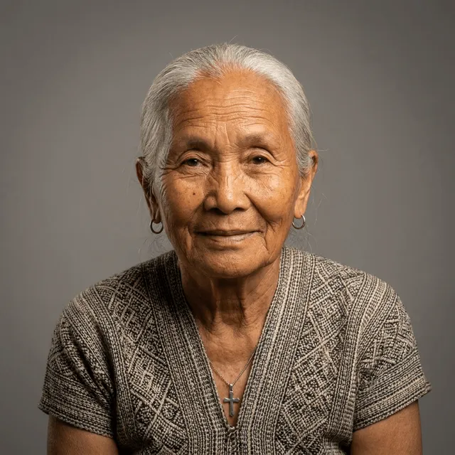 An elderly woman with white hair, hoop earrings, and a cross pendant necklace, wearing a patterned knit top and smiling warmly at the camera.