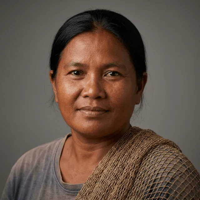 Middle-aged to older woman with dark hair pulled back and weathered skin, wearing a gray t-shirt with a woven net-like shawl over one shoulder, with a calm, slight smile.