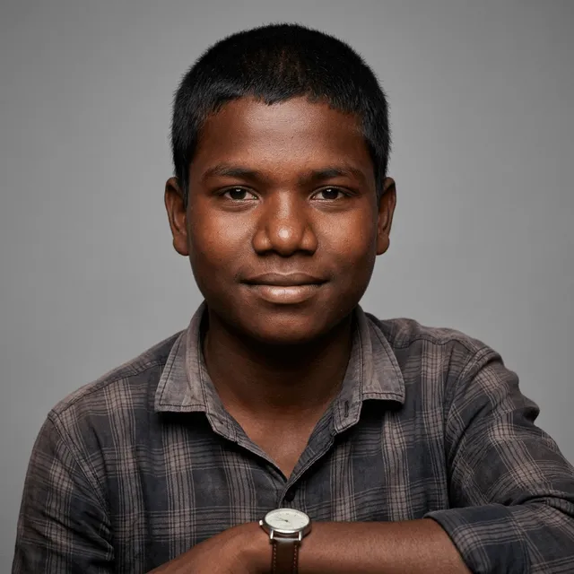A young man with short dark hair and darker skin tone, wearing a plaid button-up shirt and a wristwatch, with his arms resting in front of him and a gentle closed-mouth smile.