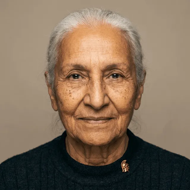 An elderly woman with gray hair pulled back and visible wrinkles, wearing a dark knit sweater with a small gold brooch, smiling warmly at the camera.