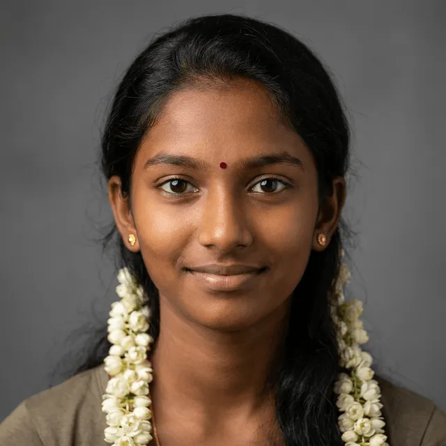 A young woman with dark hair, a red bindi, small gold stud earrings, and white jasmine flower garlands woven into her hair on both sides, wearing a beige top and smiling slightly.