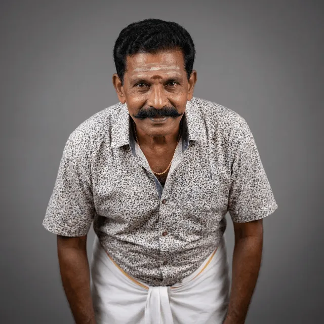 A middle-aged man with a thick mustache, forehead marked with sacred ash and a red tilak, wearing a gold chain, a patterned short-sleeve shirt, and a white dhoti, smiling while leaning slightly forward.
