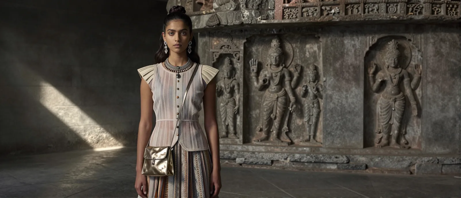 A model in an embellished top and layered skirt standing in a sunlit temple hall, generated by Tasvr