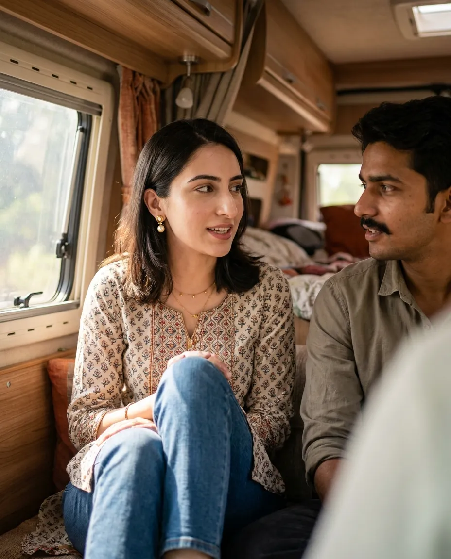Couple talking inside a camper van