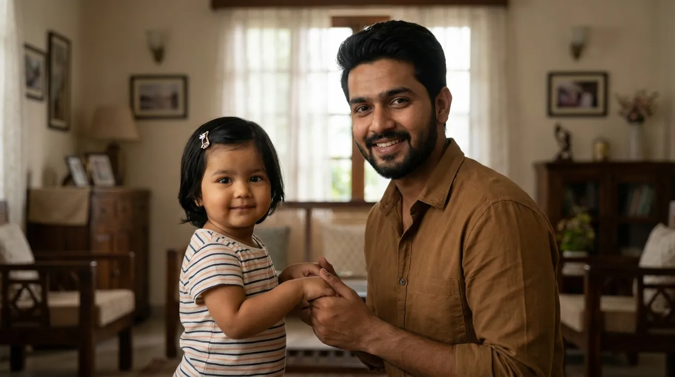 Father holding his daughter's hands at home