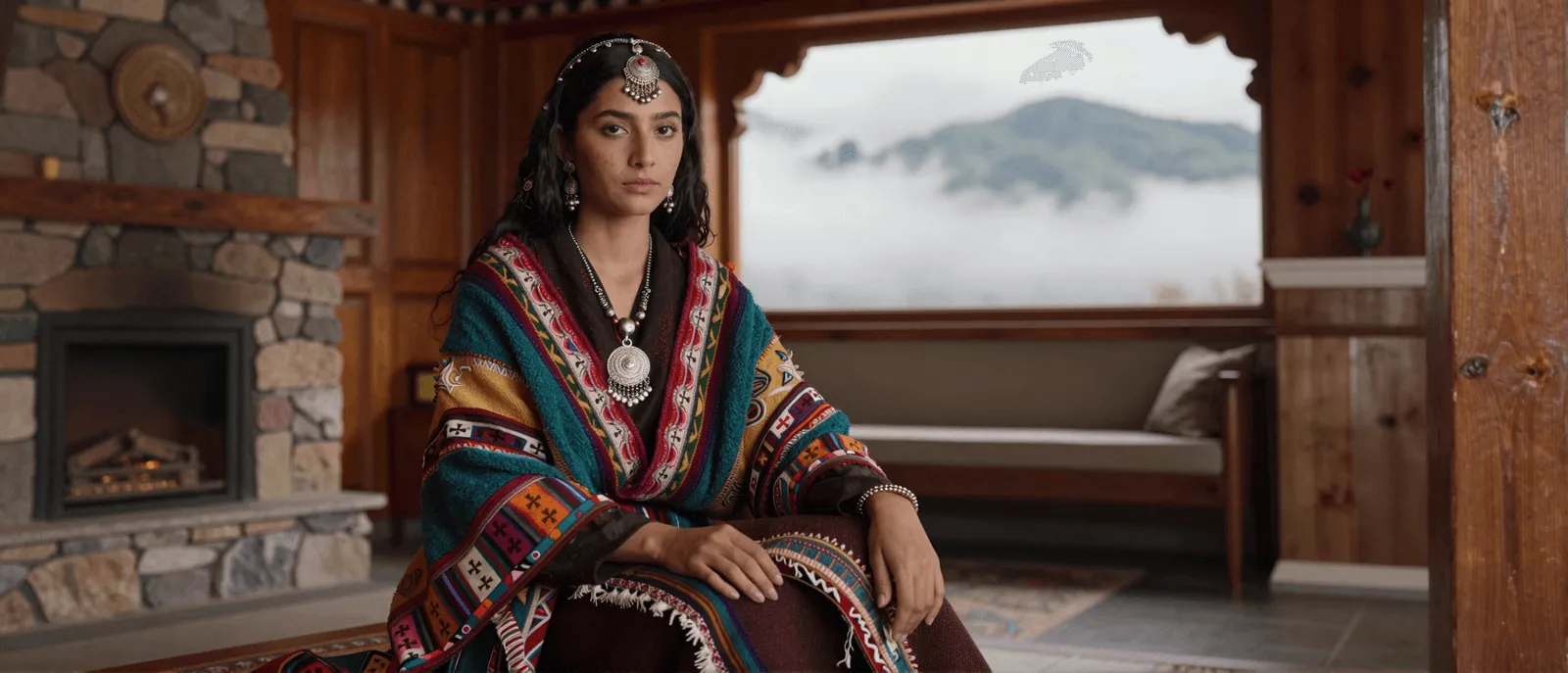 A woman in an embroidered shawl and silver jewelry inside a mountain lodge