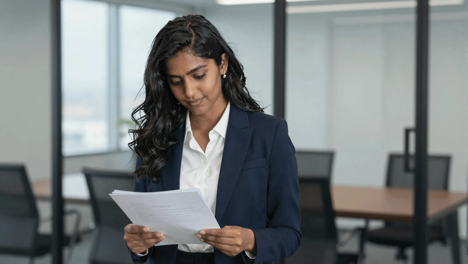 A businesswoman reviewing documents in a glass-walled boardroom