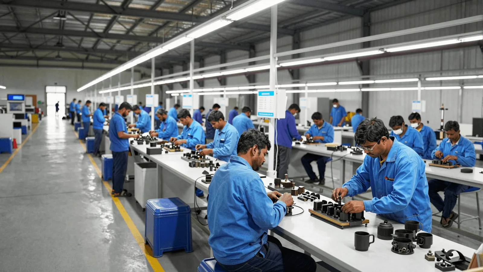 Factory workers assembling electronic components on a production line