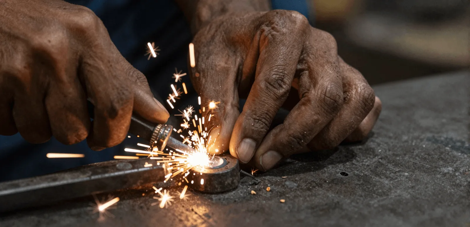 An artisan's hands soldering metal, sparks flying, close up