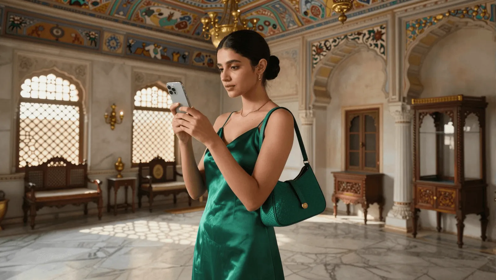 A woman in a green silk dress and designer bag checking her phone in a palace hall