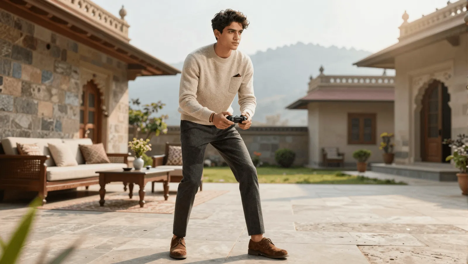 A teenager in a sweater holding a game controller on a heritage courtyard patio