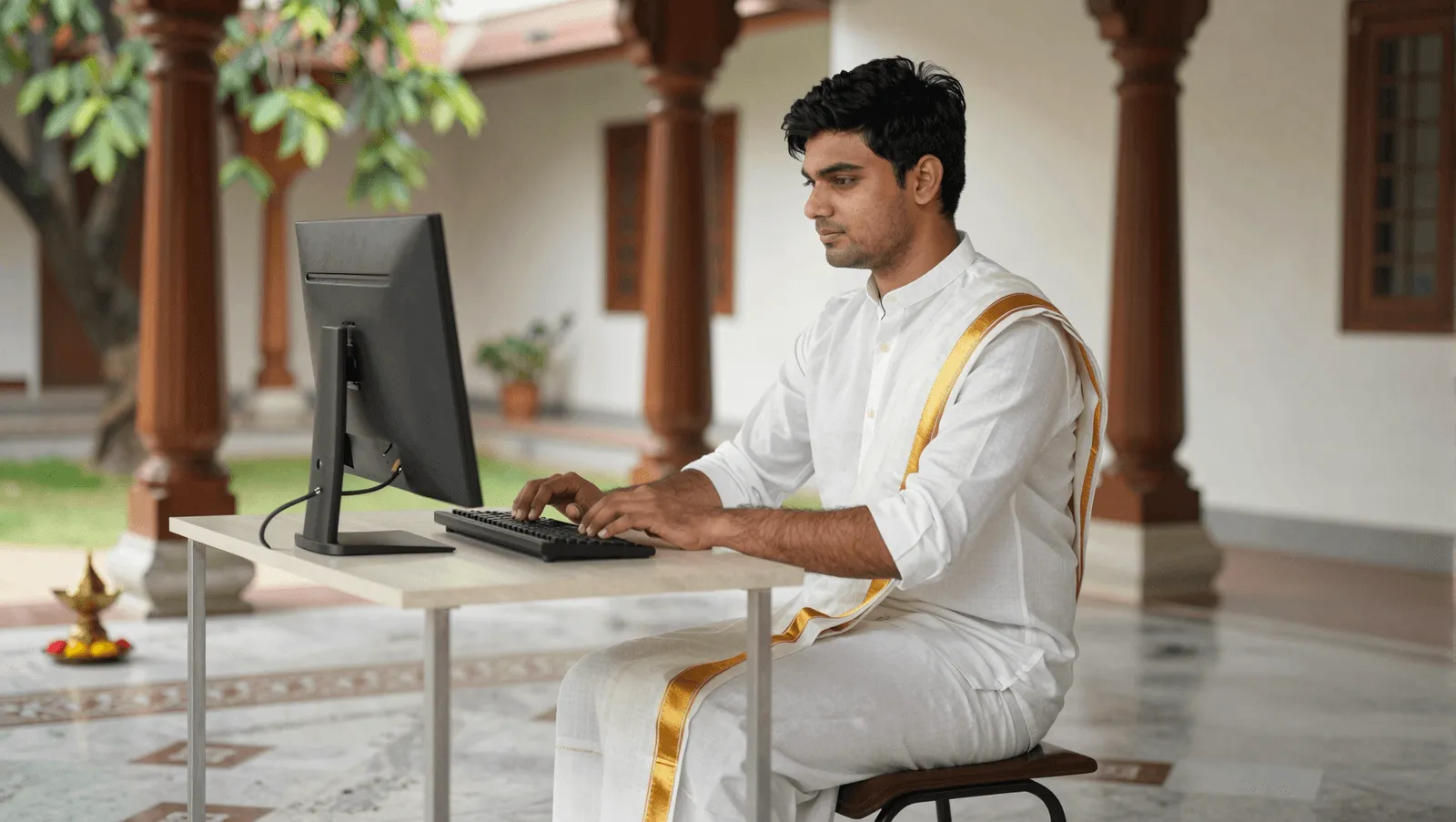 A man in a traditional white and gold mundu typing at a desktop computer