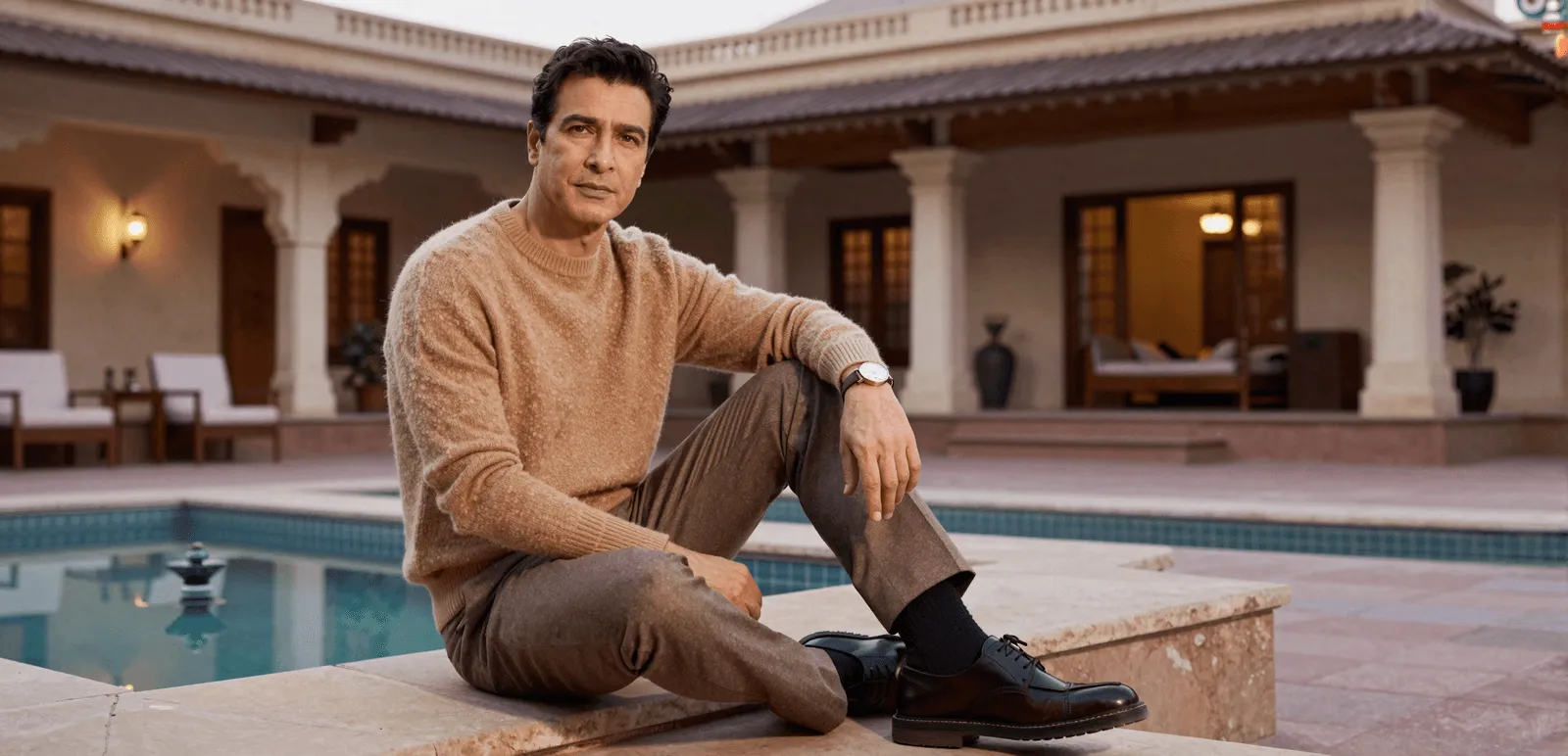 A man in a sweater and trousers seated poolside at a heritage villa