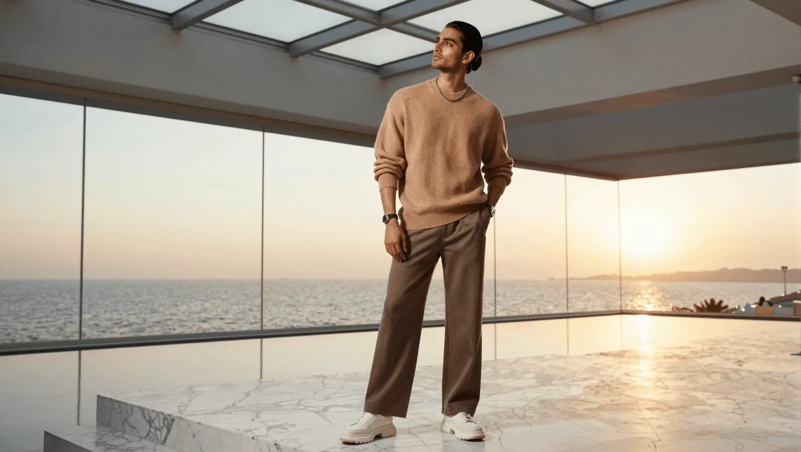 A man in a sweater standing in a glass-walled villa overlooking the ocean at sunset